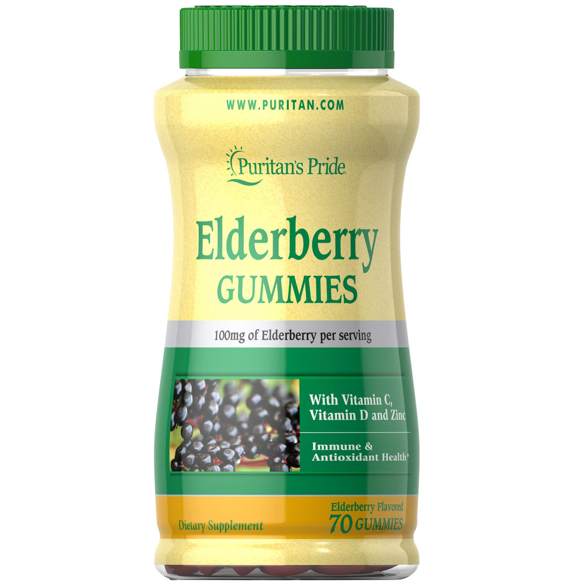 Puritan's Pride Elderberry Gummies bottle front highlights immune support and berry flavor.