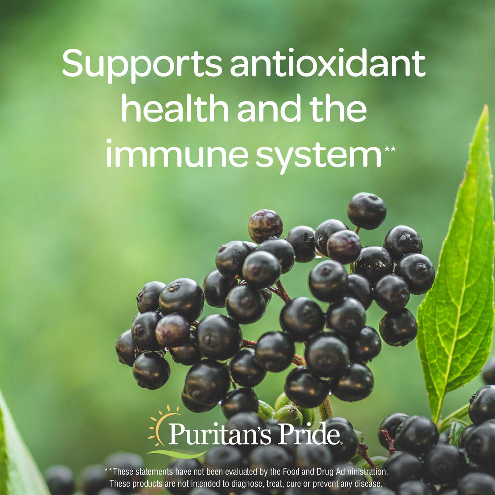 Puritan's Pride Elderberry Gummies ingredients panel notes gluten- and soy-free formula.