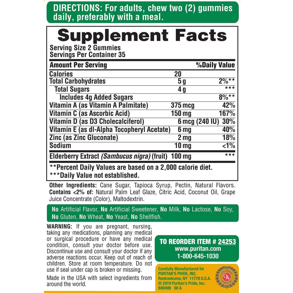 Puritan's Pride Elderberry Gummies label closeup shows vitamin C, D and zinc.