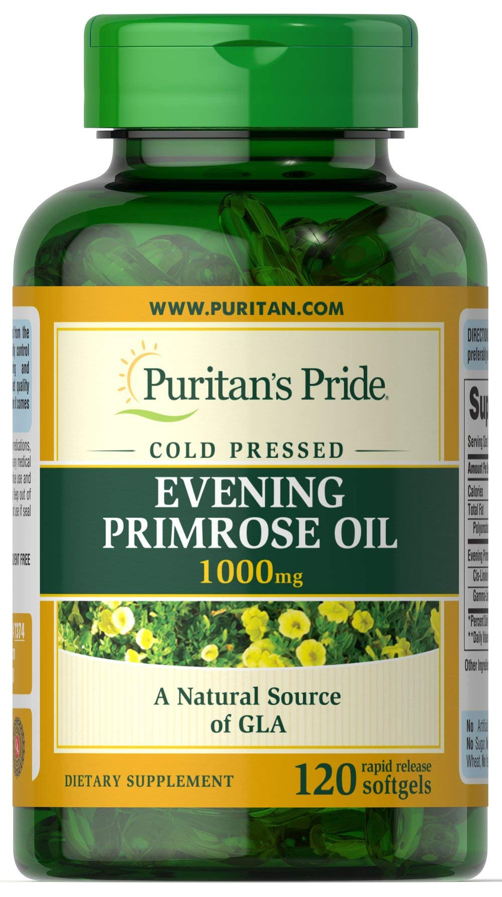 Puritan's Pride Evening Primrose Oil bottle with softgels for skin support.