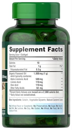 Puritan's Pride flax oil on the kitchen counter tips for easy daily use.