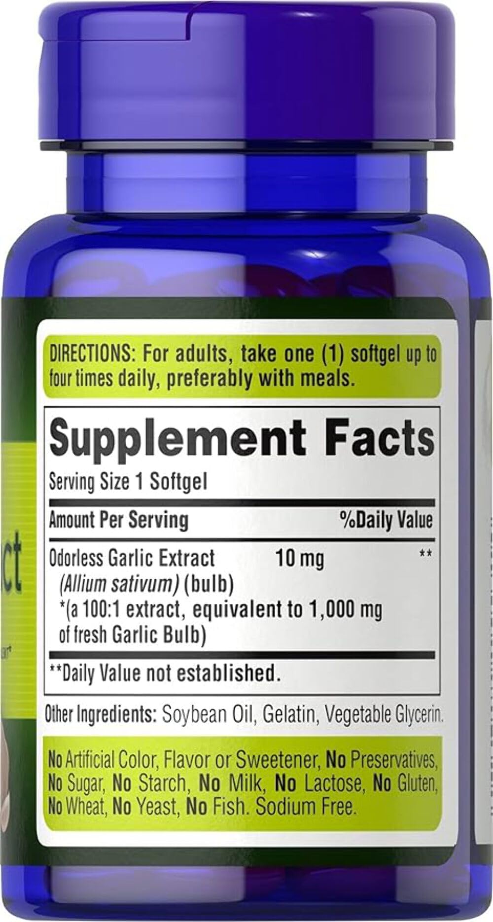Clear label on Puritan's Pride Garlic 1000 mg bottle for easy dosing.
