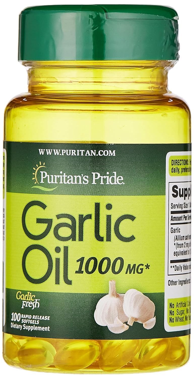 Puritan's Pride Garlic Oil bottle label highlights heart support potential.