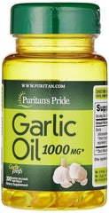 Puritan's Pride Garlic Oil bottle label highlights heart support potential.