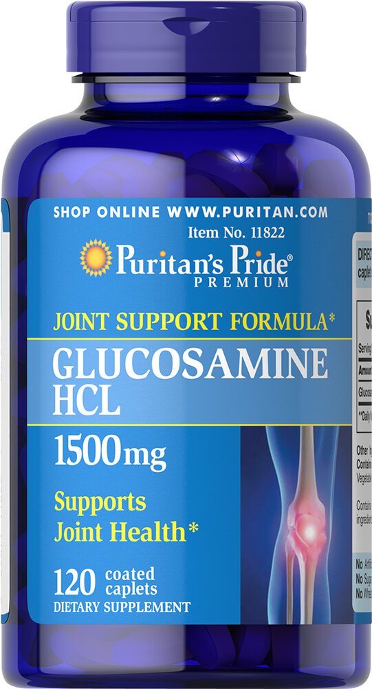 Puritan's Pride Glucosamine 1500 mg caplets bottle for joint health support.