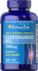 Puritan's Pride Glucosamine 1500 mg caplets bottle for joint health support.