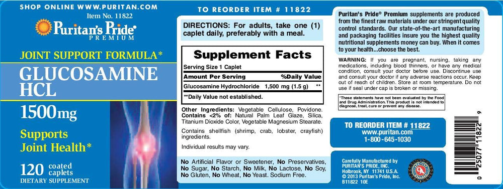 Puritan's Pride Glucosamine 1500 mg caplets label showing gluten-free claim.