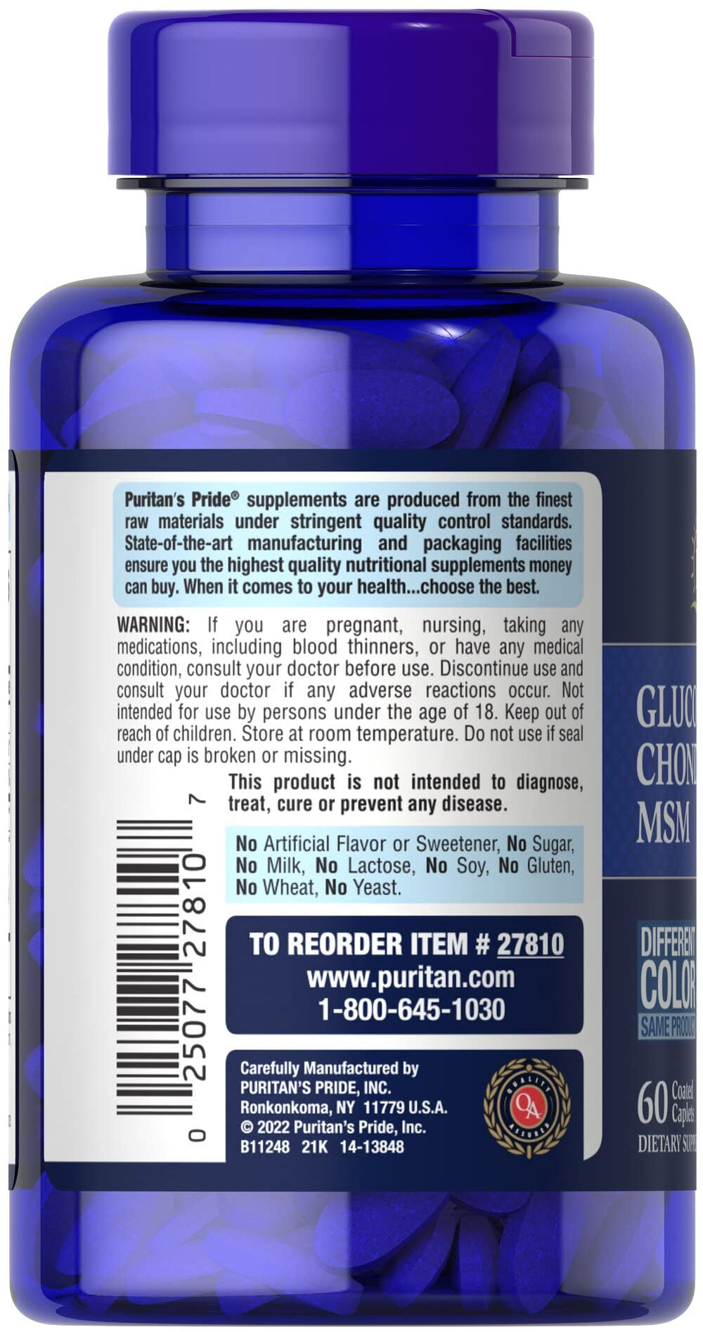 Puritan's Pride glucosamine chondroitin msm capsules closeup highlights easy-to-swallow coated caplets.