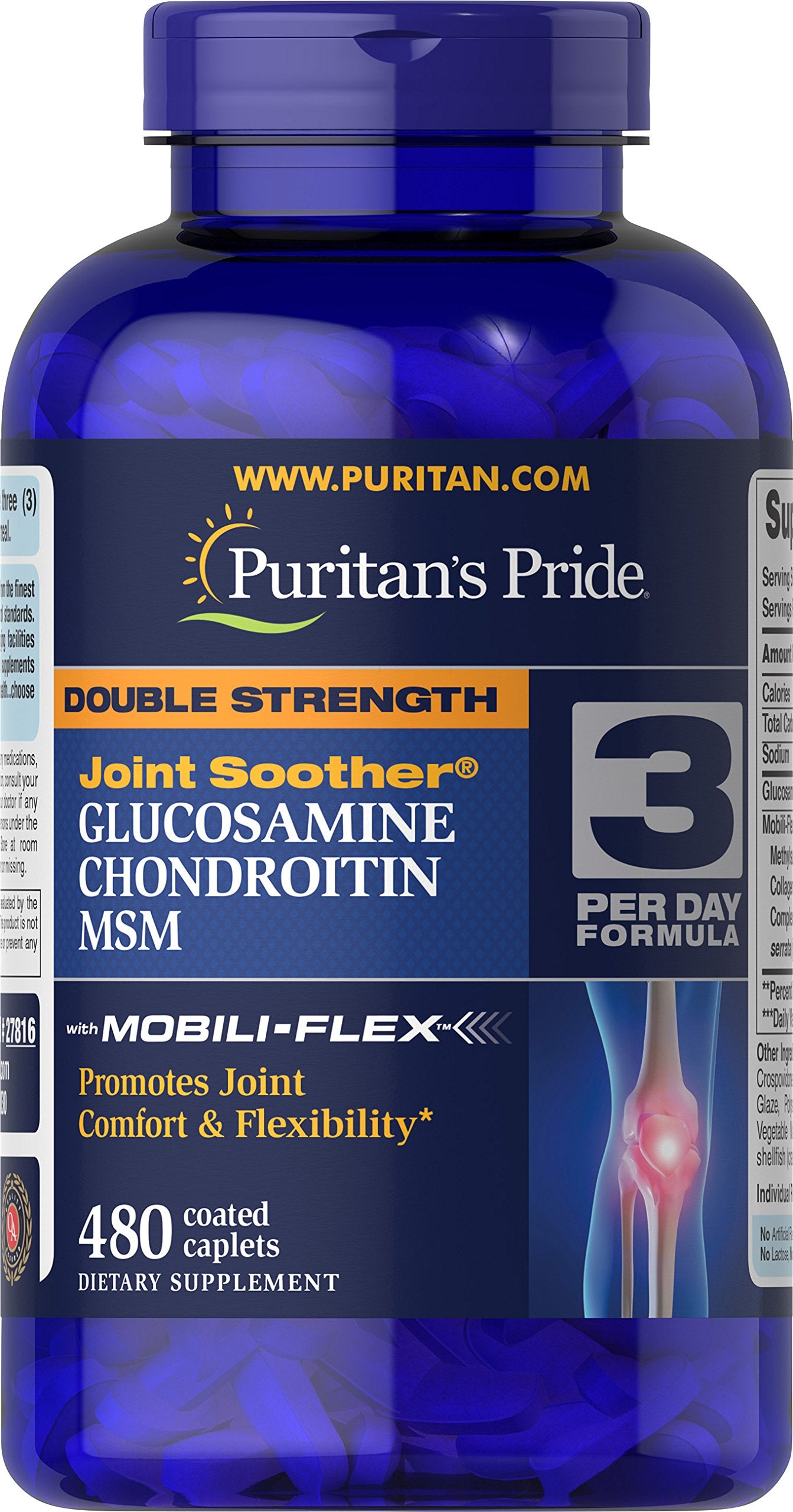 Puritan's Pride glucosamine-chondroitin-msm capsules front label highlights joint support.