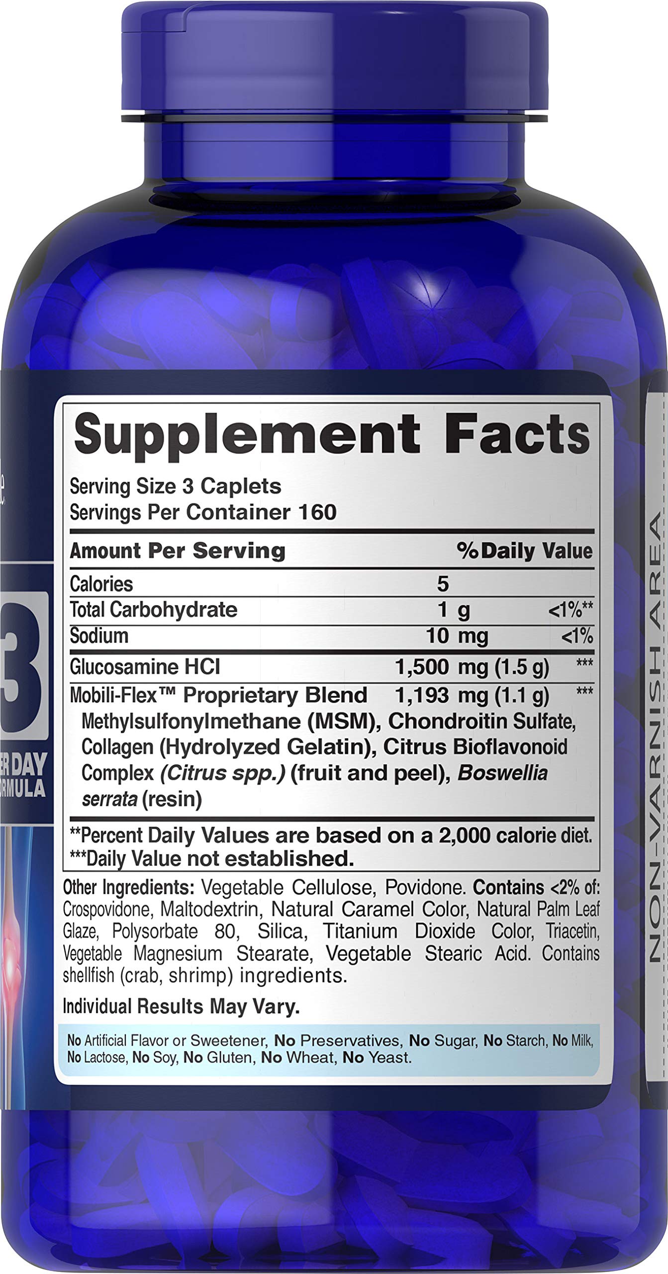 Puritan's Pride glucosamine-chondroitin-msm capsules packaging shows three-per-day formula.