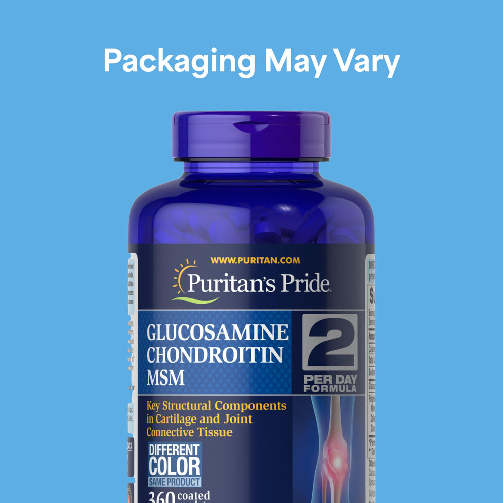 Puritan's Pride glucosamine chondroitin MSM tablets for daily joint care.