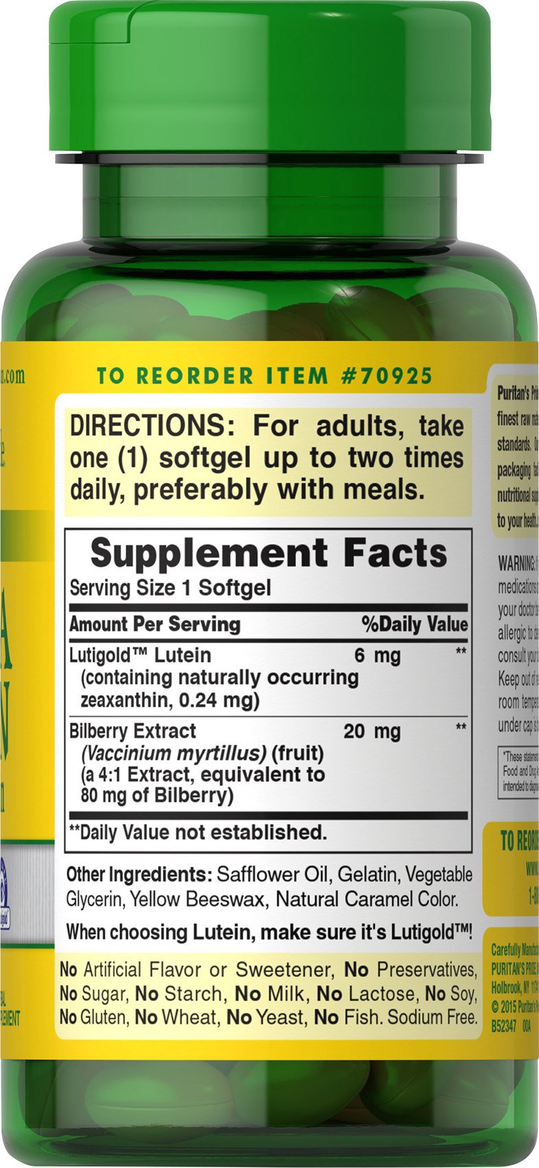 Puritan's Pride Herbavision ingredients close-up highlighting lutein and bilberry.