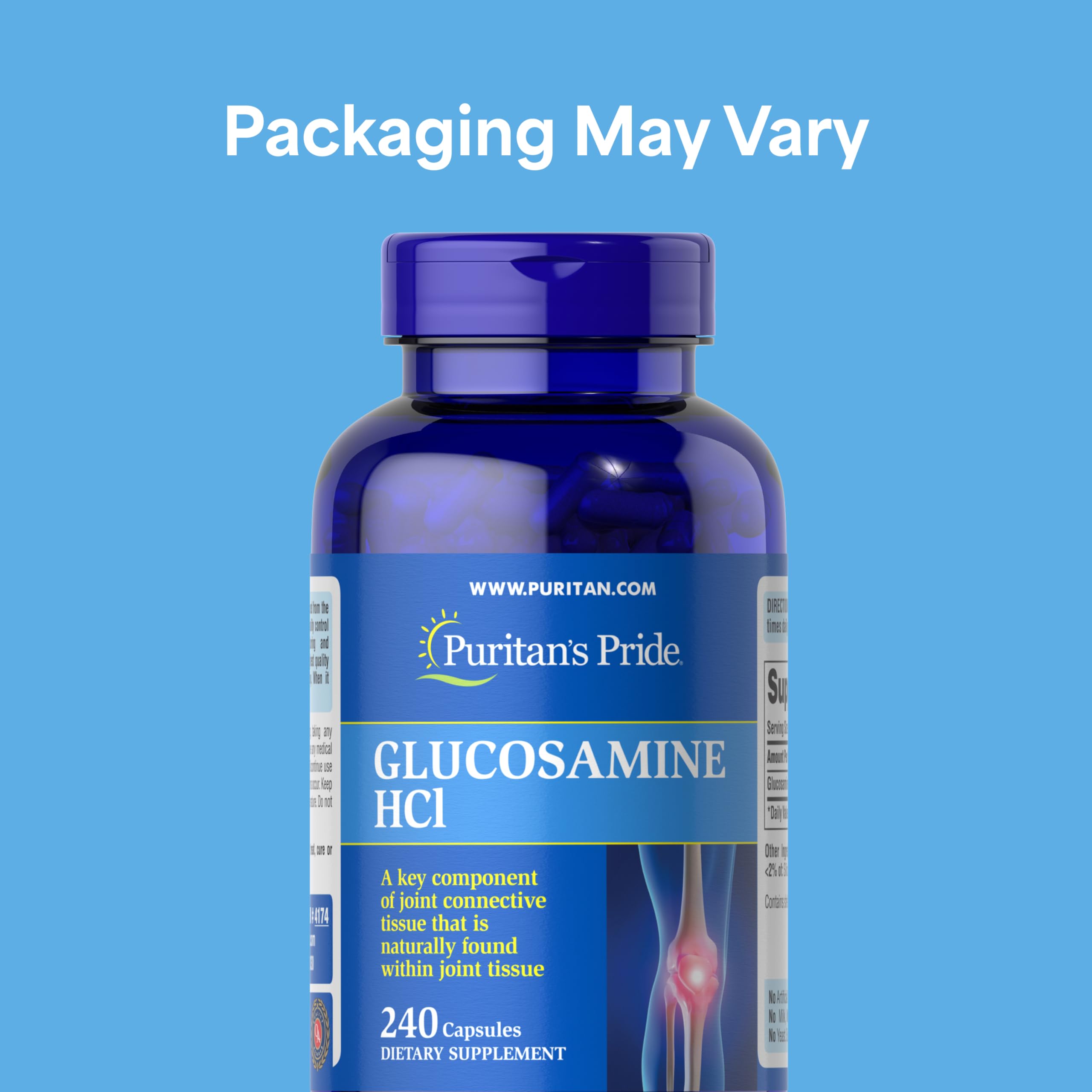 Puritan's Pride Glucosamine HCI capsules close-up for easy daily use