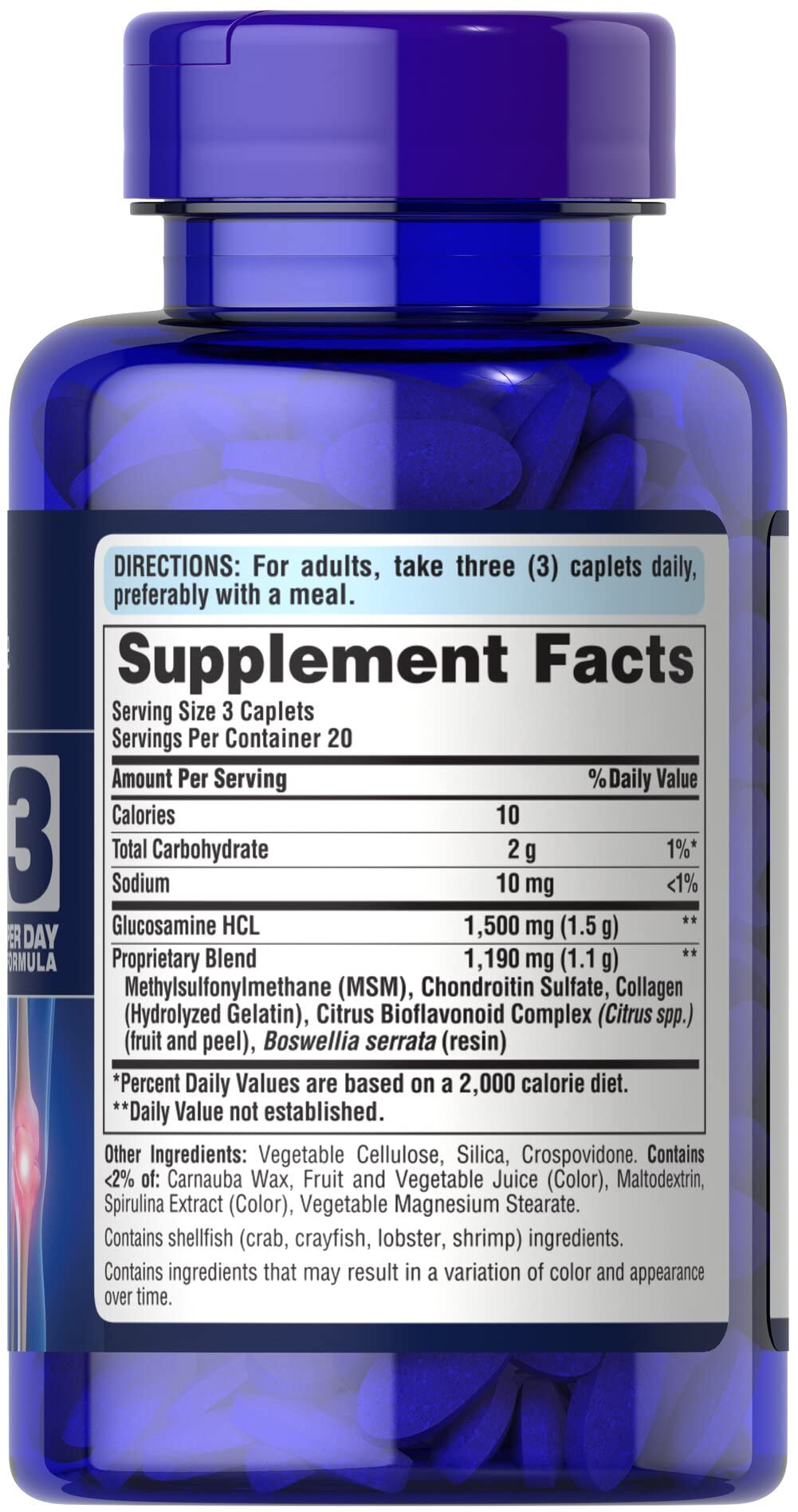 Puritan's Pride Joint Soother label closeup emphasizes quality ingredients.