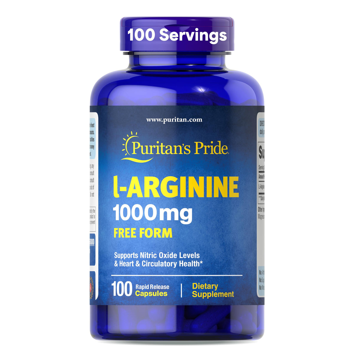 Puritan's Pride L-Arginine 1000mg bottle supports daily protein building.