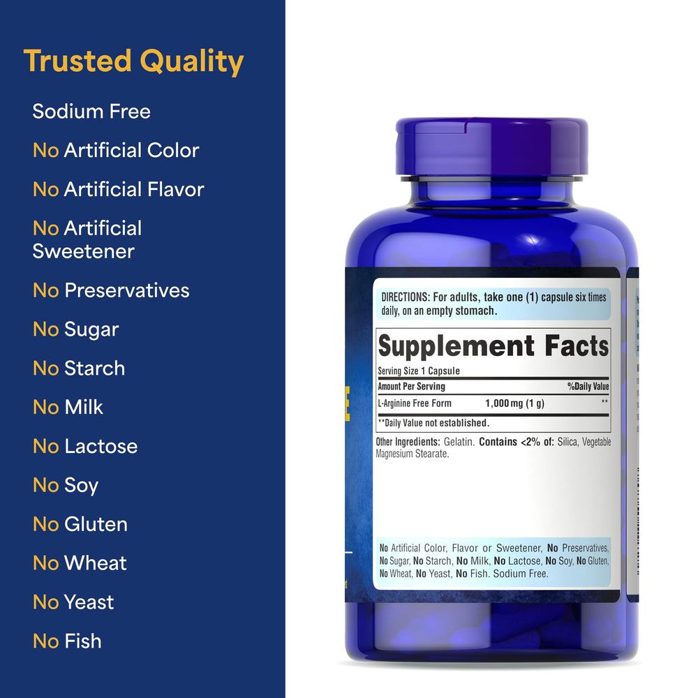 Puritan's Pride L-Arginine supplement on a kitchen counter.