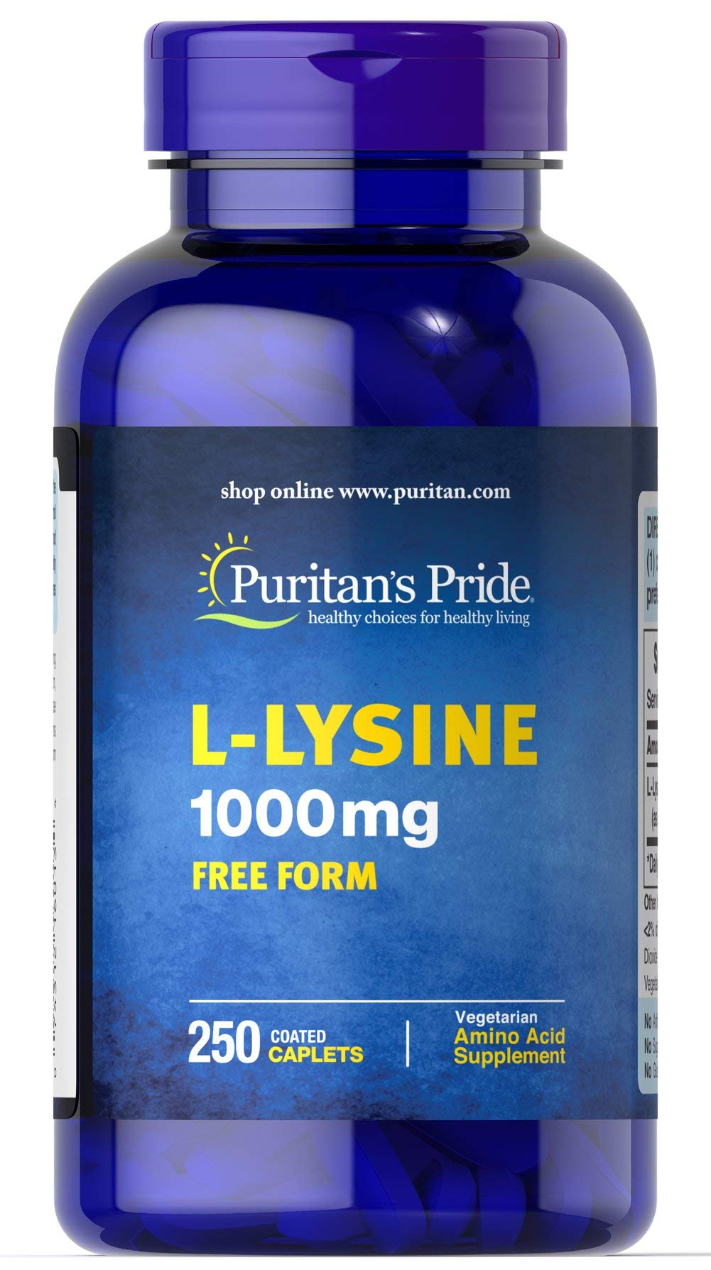 Puritan's Pride L-Lysine 1000 mg caplets bottle, vegetarian amino acid supplement