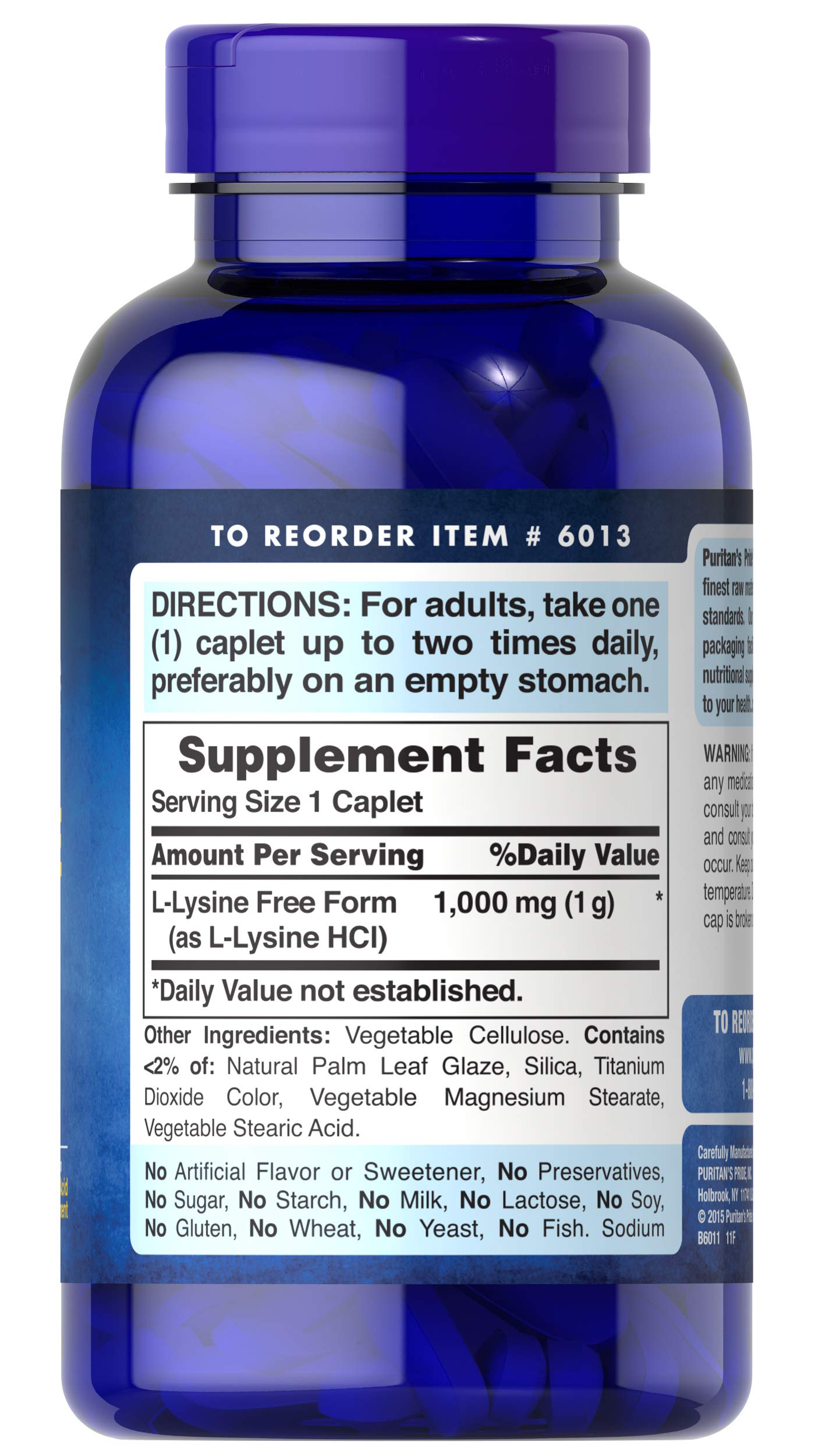 Puritan's Pride L-Lysine 1000 mg caplets label, gluten and soy free