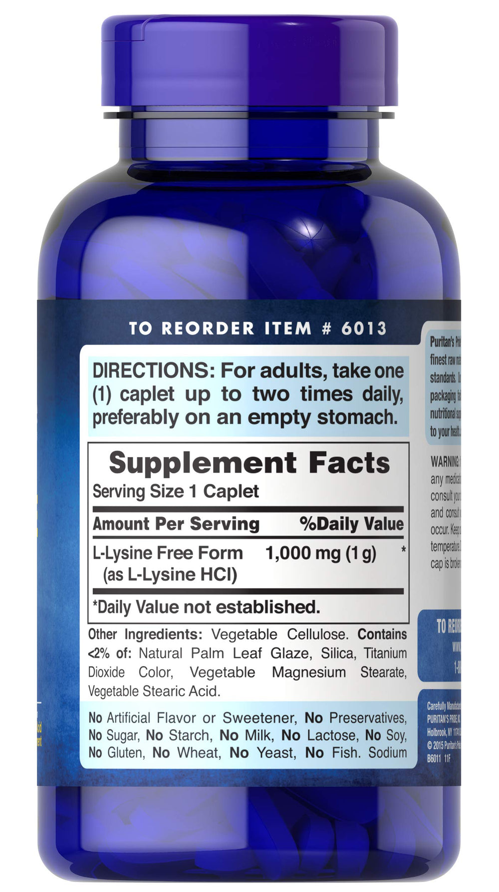 Puritan's Pride L-Lysine 1000 mg caplets label, gluten and soy free