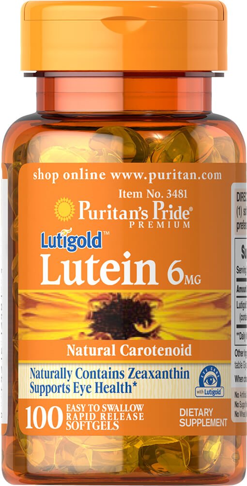 Puritan's Pride lutein 6 mg with zeaxanthin softgels for daily eye support.