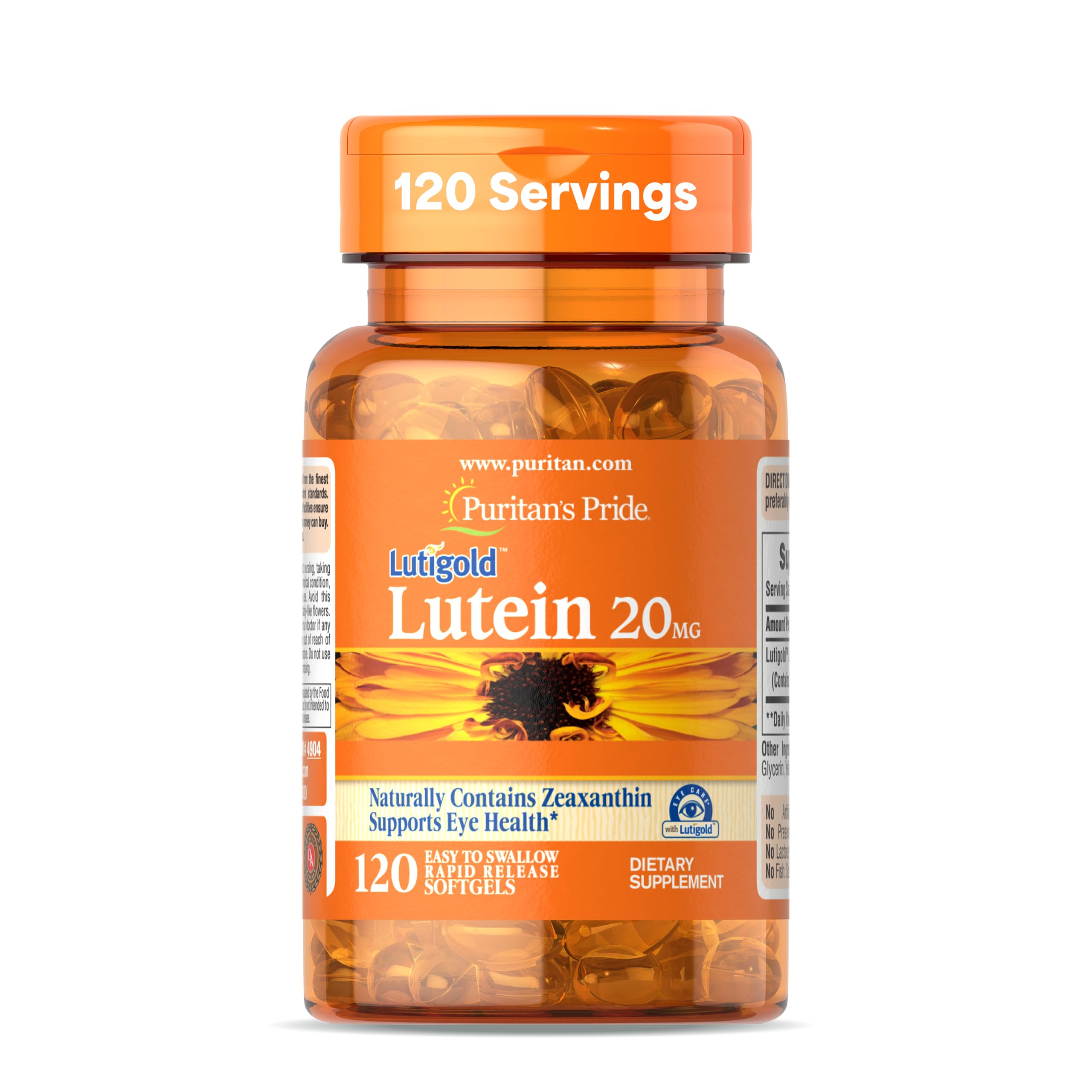 Puritan's Pride Lutigold bottle pour shows easy daily eye support in a convenient format.