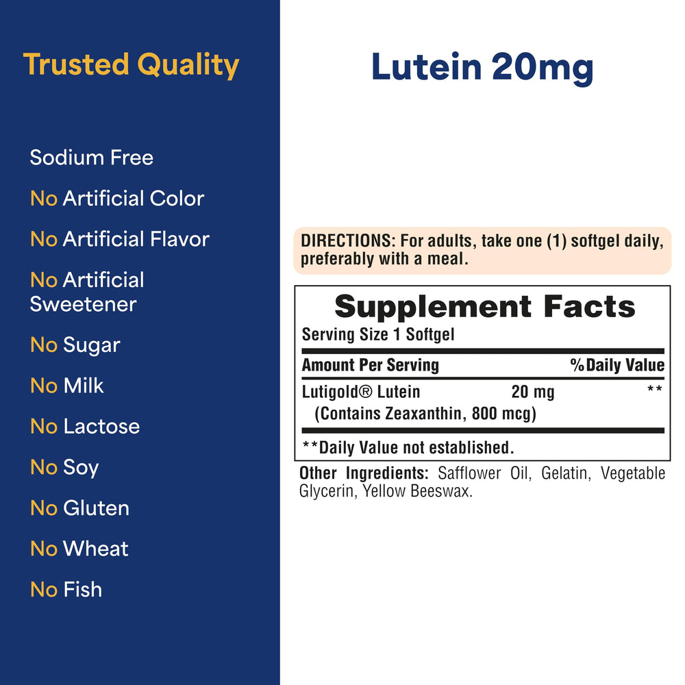 Puritan's Pride Lutigold bottle-scene emphasizes an eight-month supply for steady routines.