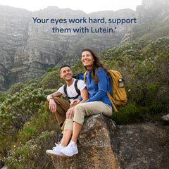 Puritan's Pride Lutigold eye-health illustration suggests blue-light filtration for screen time.