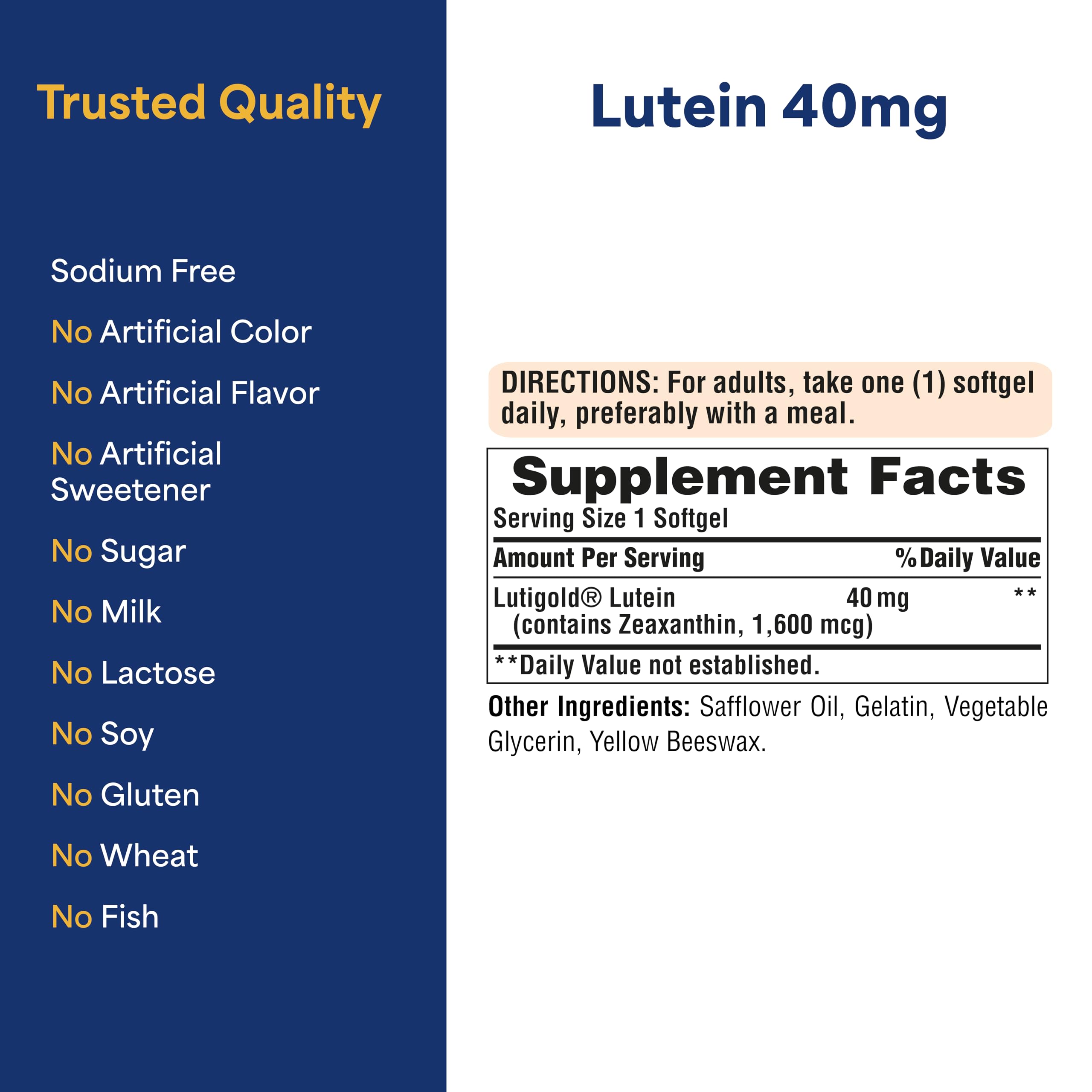 Puritan's Pride Lutigold softgels support everyday use and easy swallowing.