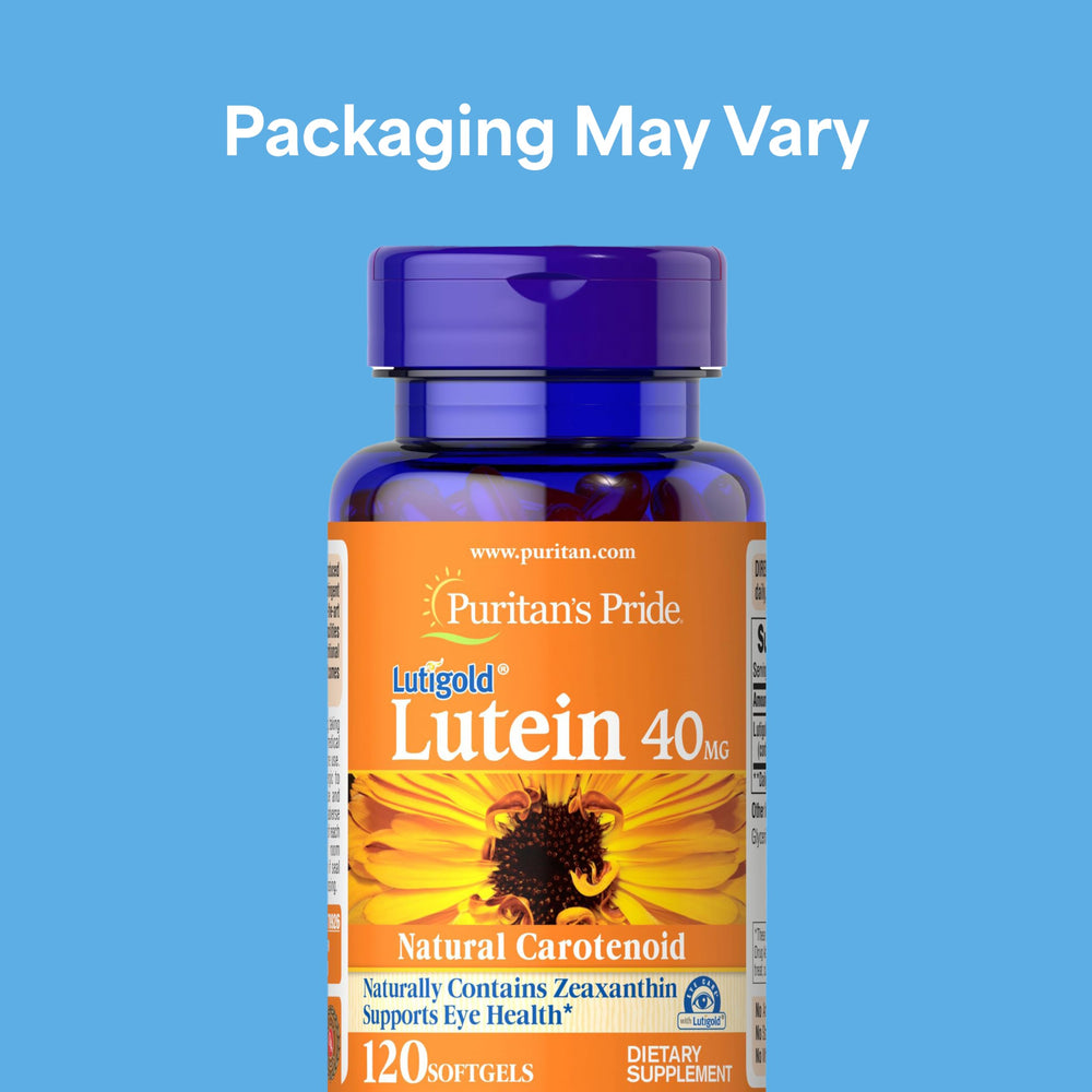 Puritan's Pride Lutigold softgels close-up for easy daily use.