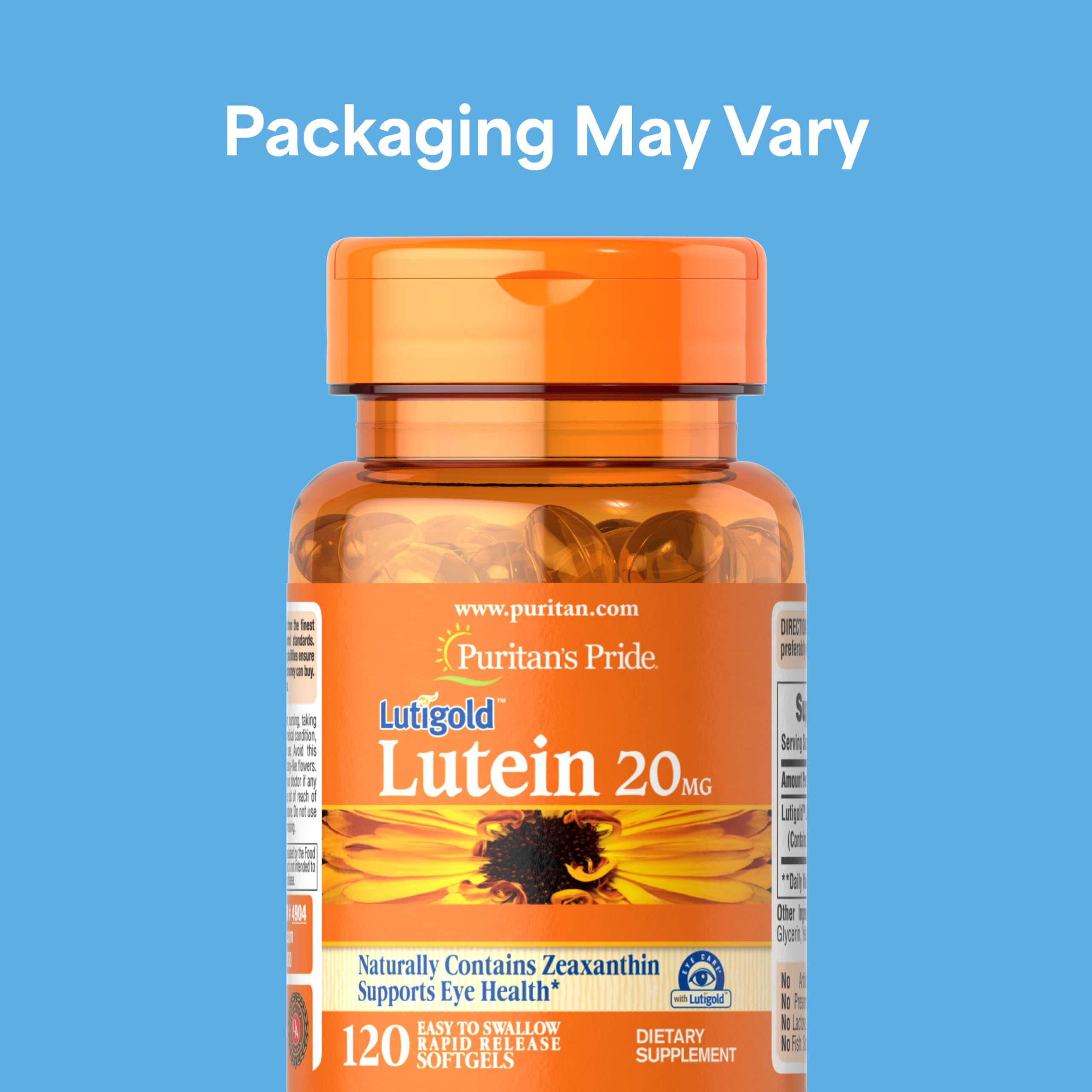 Puritan's Pride Lutigold softgel close-up highlights 20 mg lutein with zeaxanthin for eye comfort.