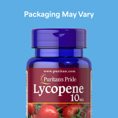 Puritan's Pride Lycopene 10mg softgels close-up emphasizing convenient rapid-release capsules.