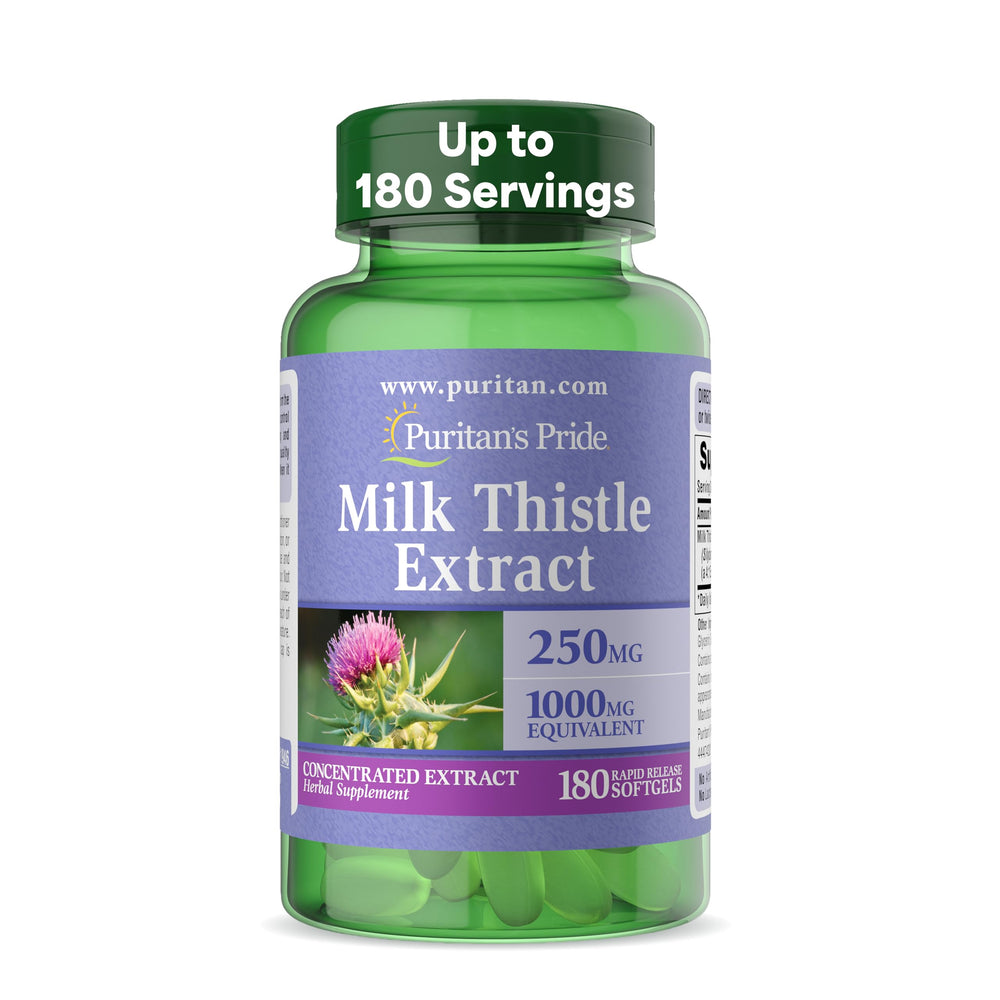 Puritan's Pride Milk Thistle Silymarin bottle front with clear label and traditional liver support messaging.