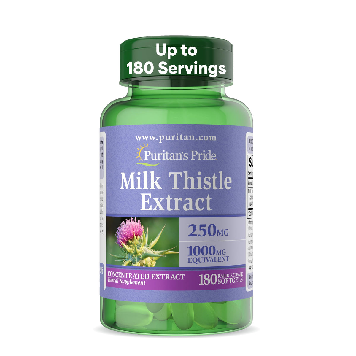 Puritan's Pride Milk Thistle Silymarin bottle front with clear label and traditional liver support messaging.