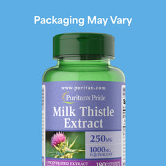 Puritan's Pride Milk Thistle Silymarin bottle side shows directions and ingredients for easy daily use.
