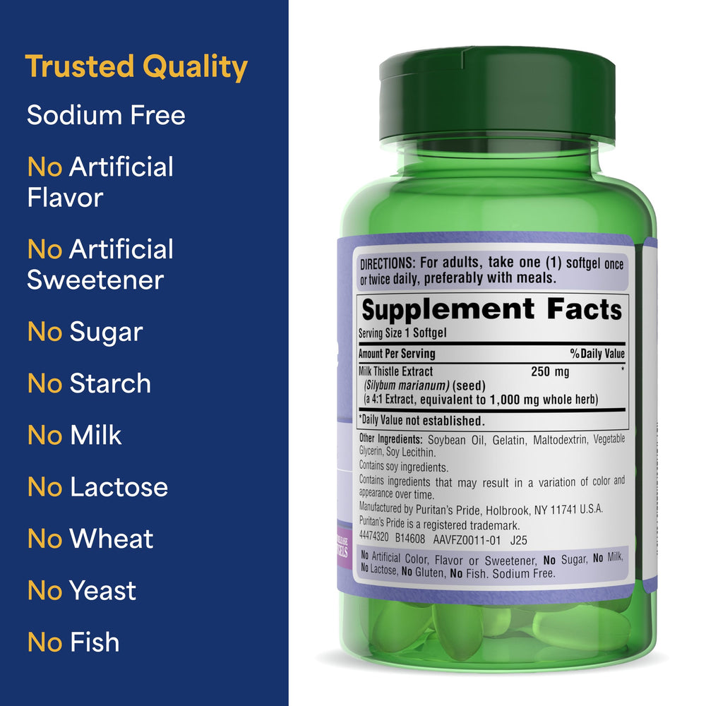 Puritan's Pride Milk Thistle Silymarin nutrition facts panel hints at serving details.