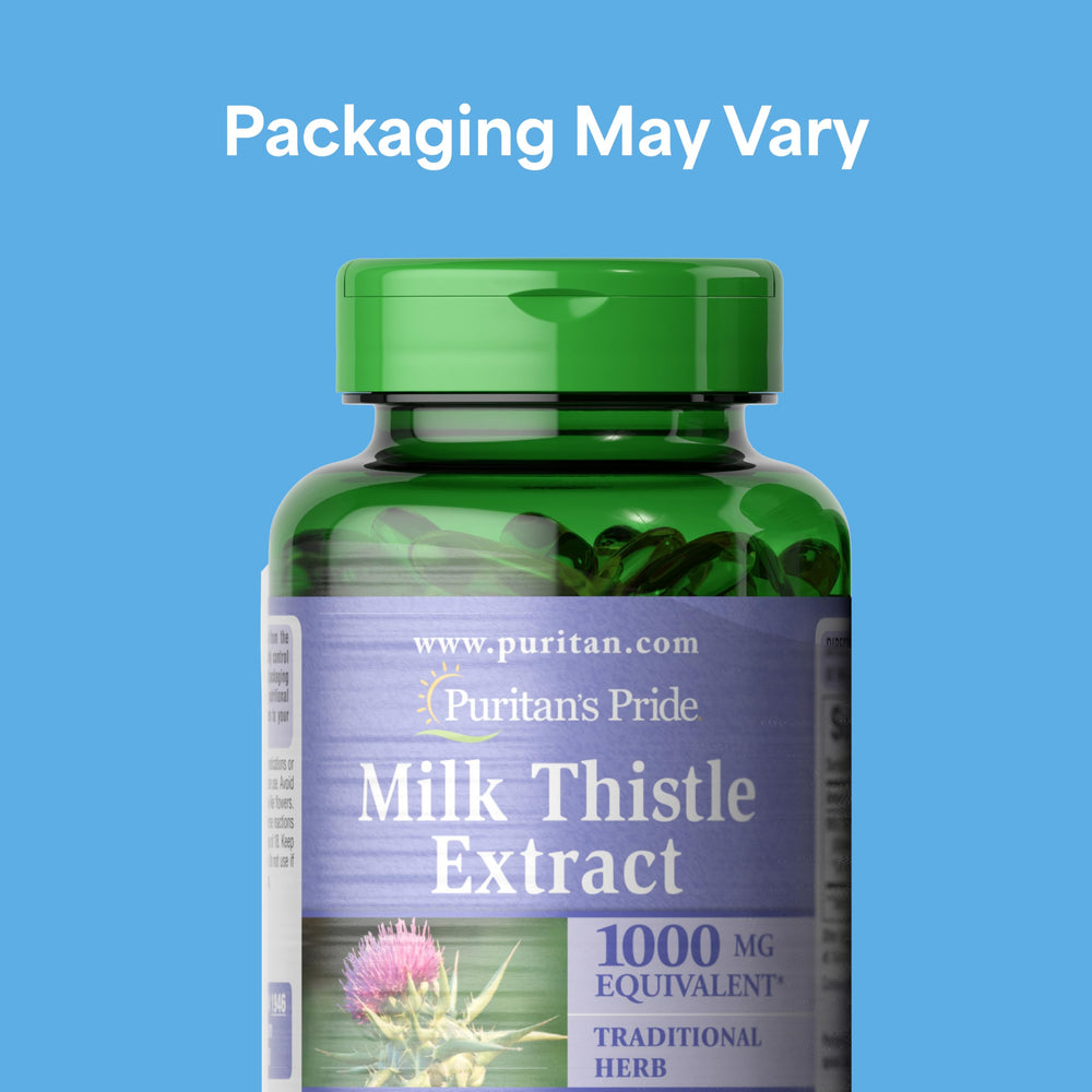 Puritan's Pride milk thistle softgel capsules close-up showing concentrated 4:1 extract.