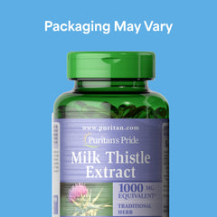 Puritan's Pride milk thistle softgel capsules close-up showing concentrated 4:1 extract.