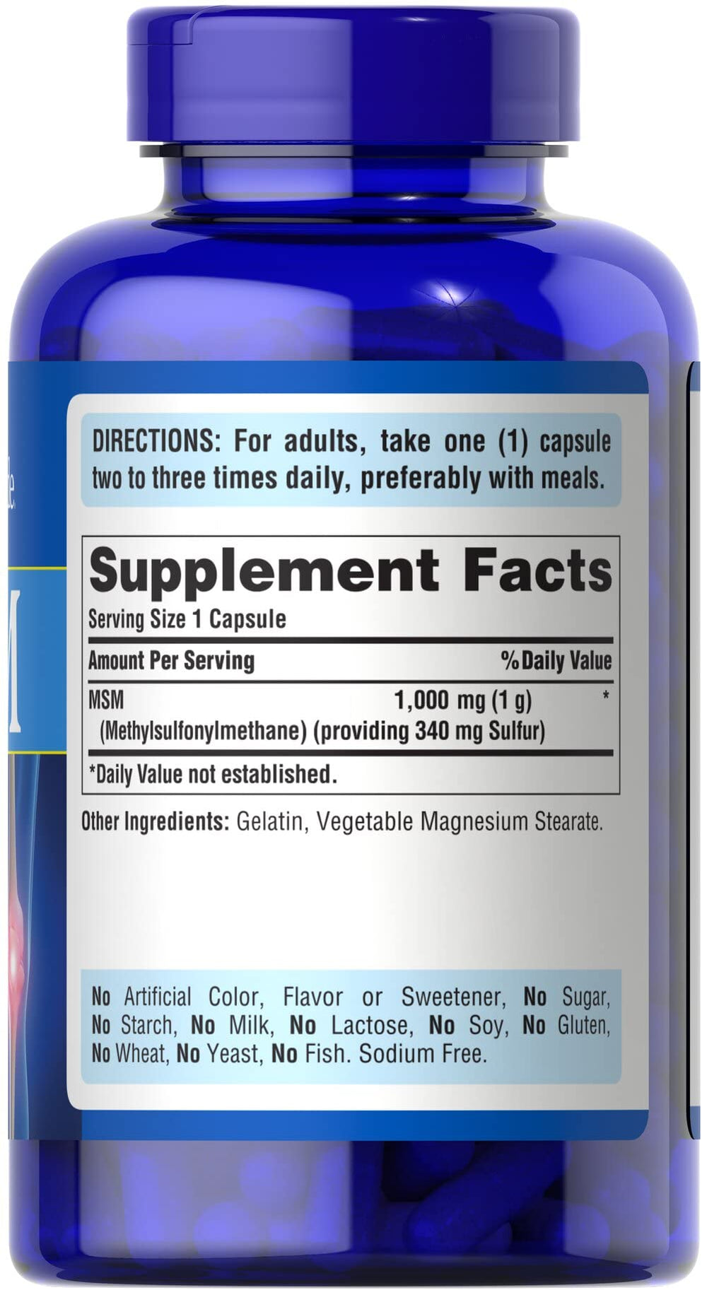 Puritan's Pride label shows 1000 mg MSM and 120 capsules for ongoing use