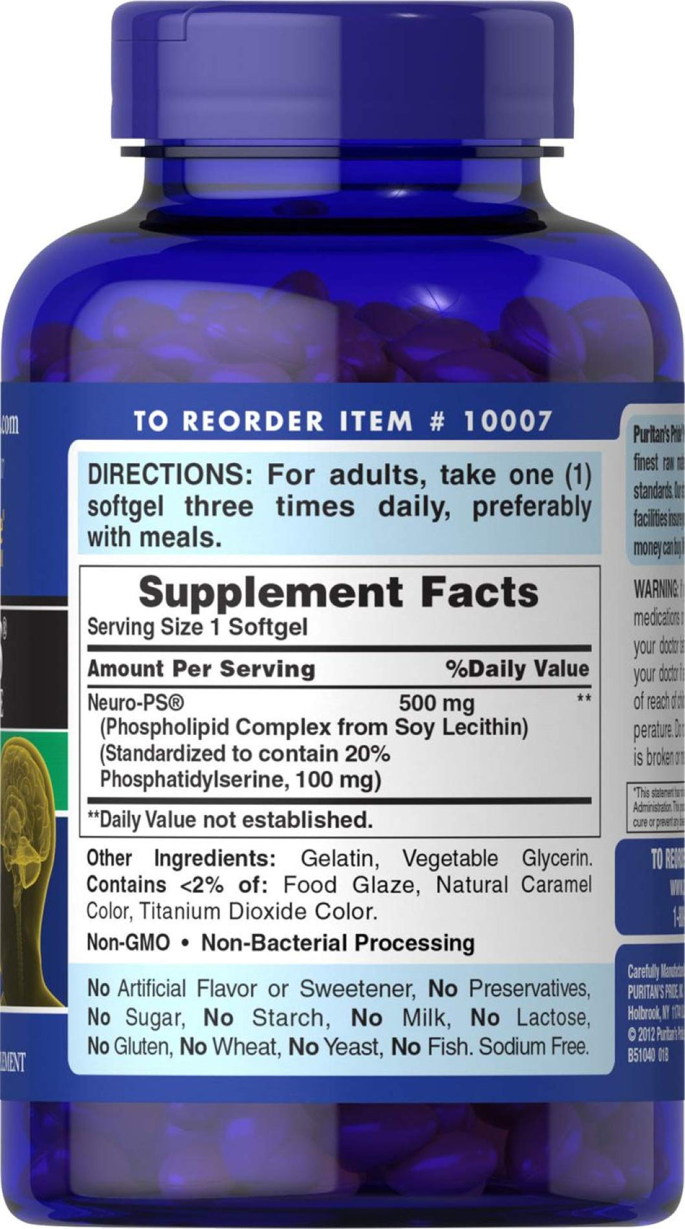 Puritan's Pride Neuro-PS packaging shows label details and dosage guidance.
