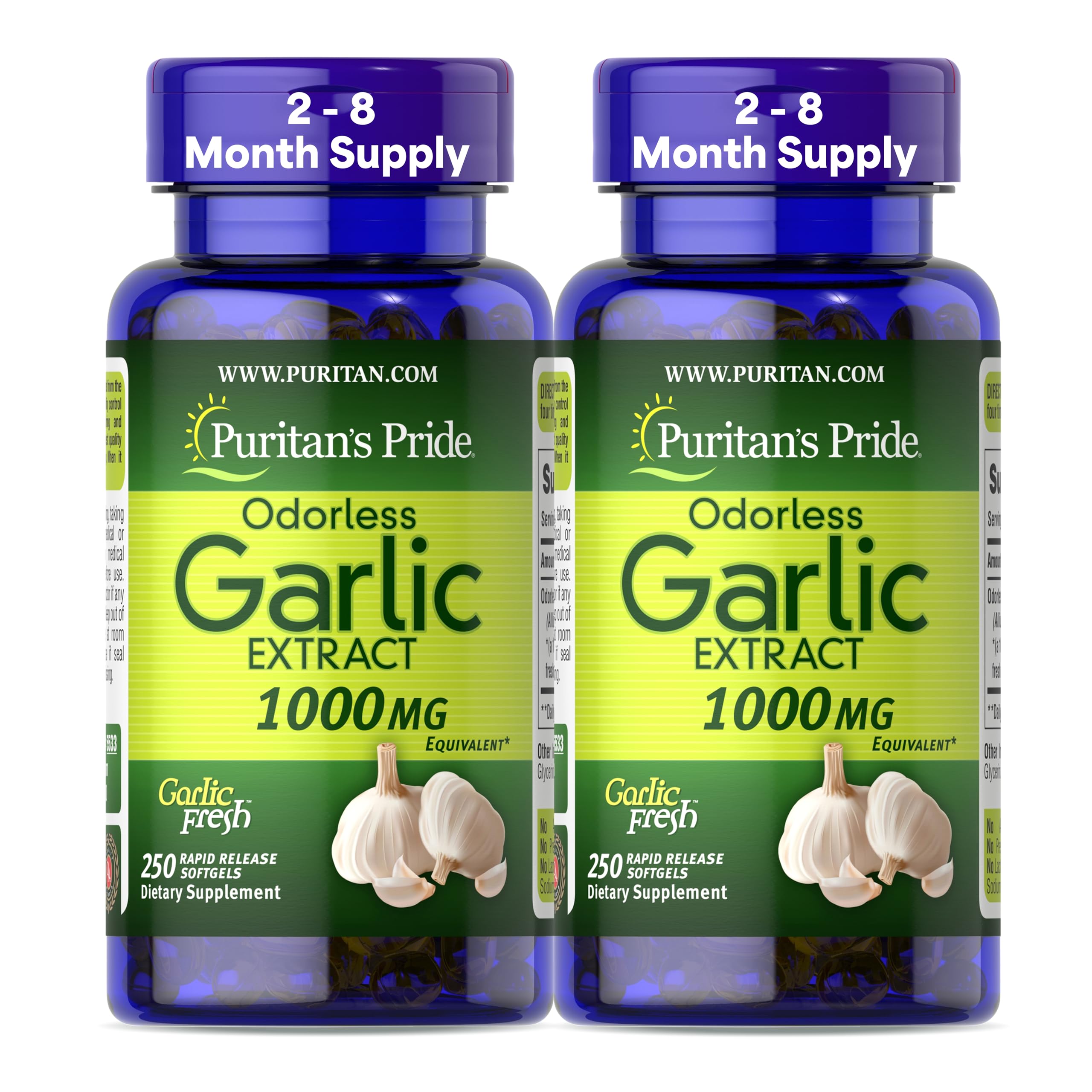 Puritan's Pride odorless garlic bottle on counter for easy daily heart support.