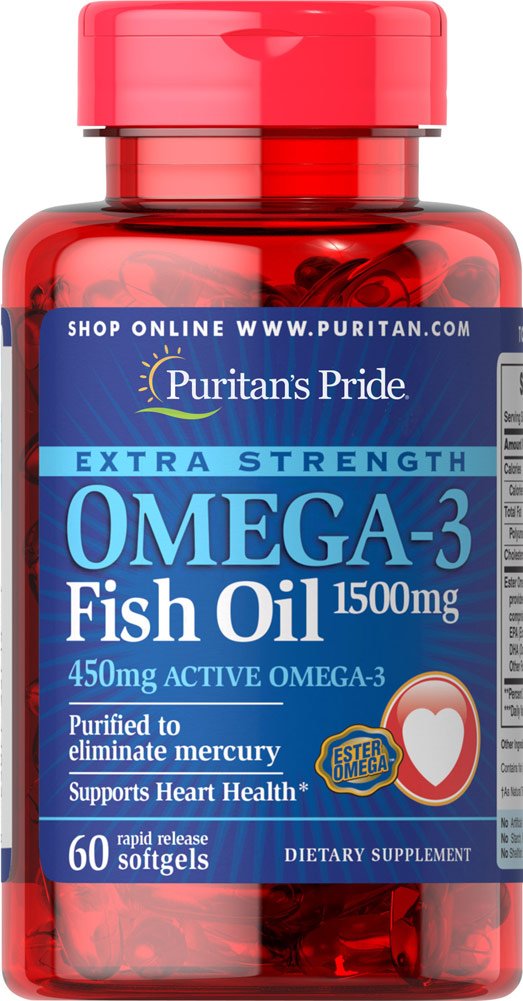 Puritan's Pride Omega-3 1500 mg bottle closeup for daily wellness.