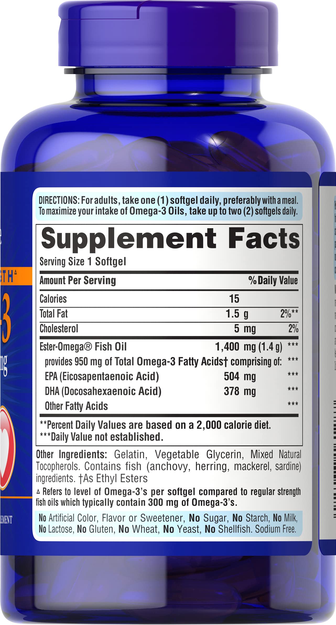 Puritan's Pride Omega-3 bottle front label showing gluten-free softgels