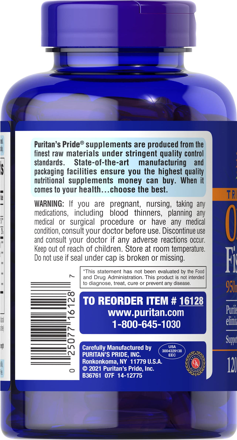 Puritan's Pride Omega-3 softgel bottle on shelf for daily use