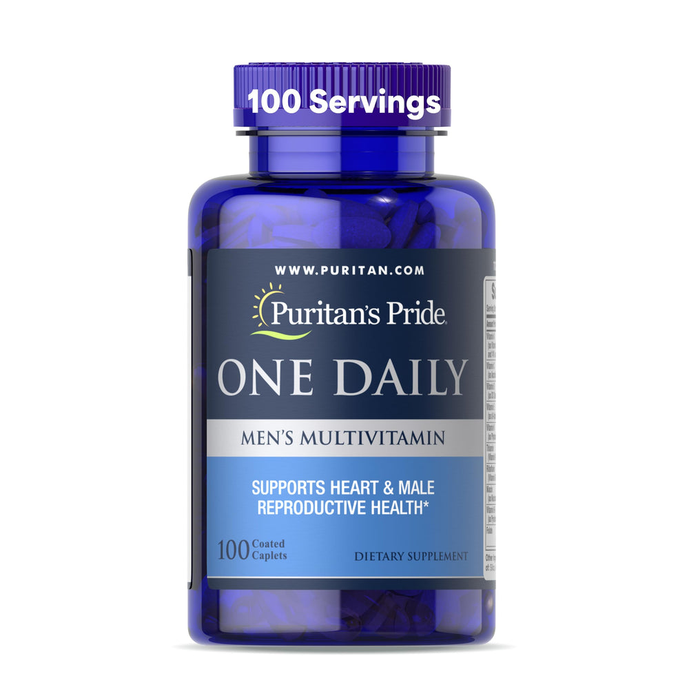 Puritan's Pride One Daily Men's Multivitamin bottle showing daily wellness support for men
