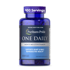 Puritan's Pride One Daily Men's Multivitamin bottle showing daily wellness support for men