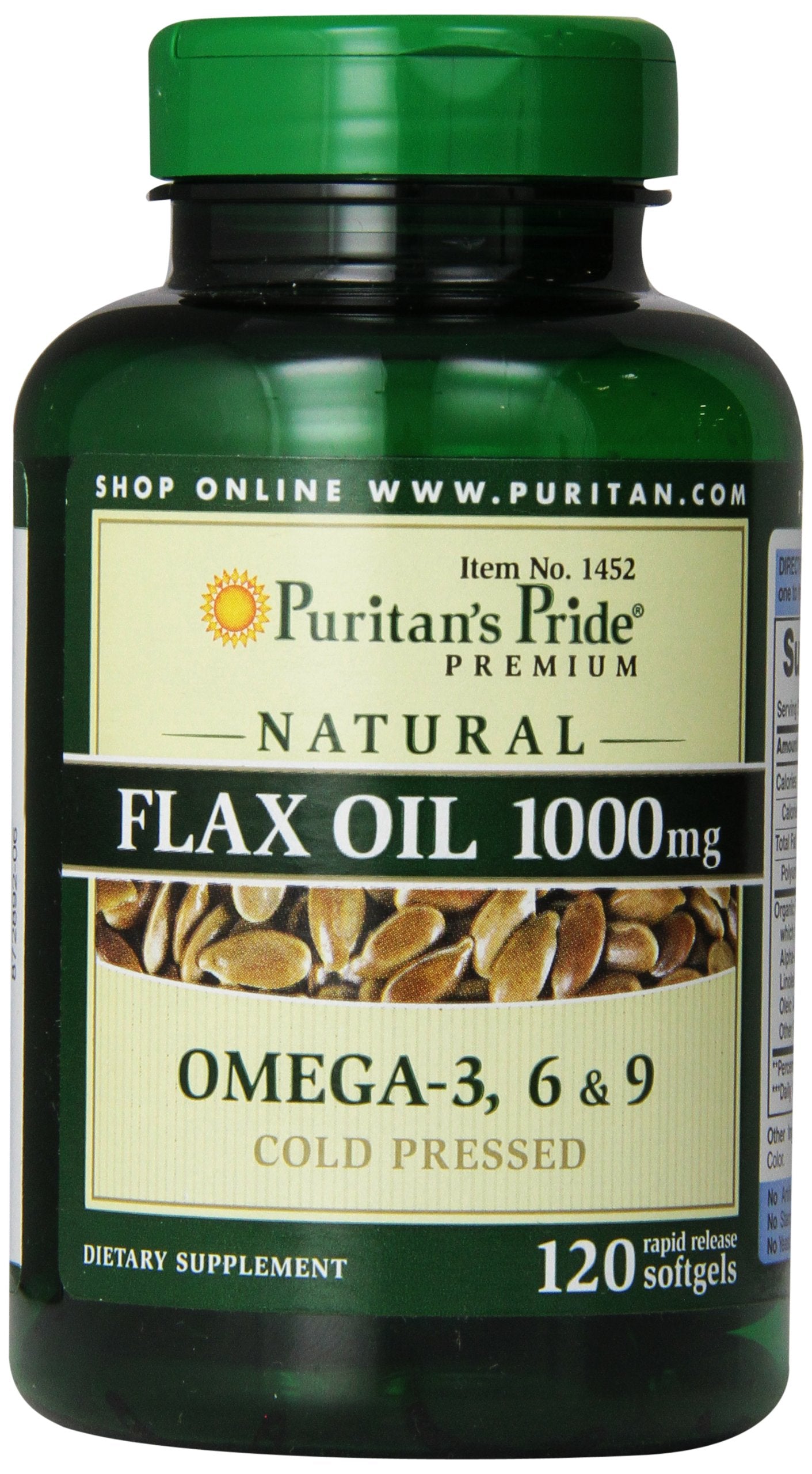 Puritan's Pride Premium Flax Oil bottle with golden oil for daily use.