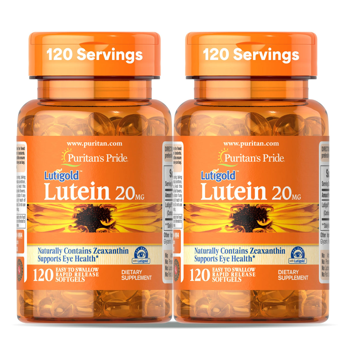 Puritan's Pride Lutigold Lutein bottle front view for eye health support.