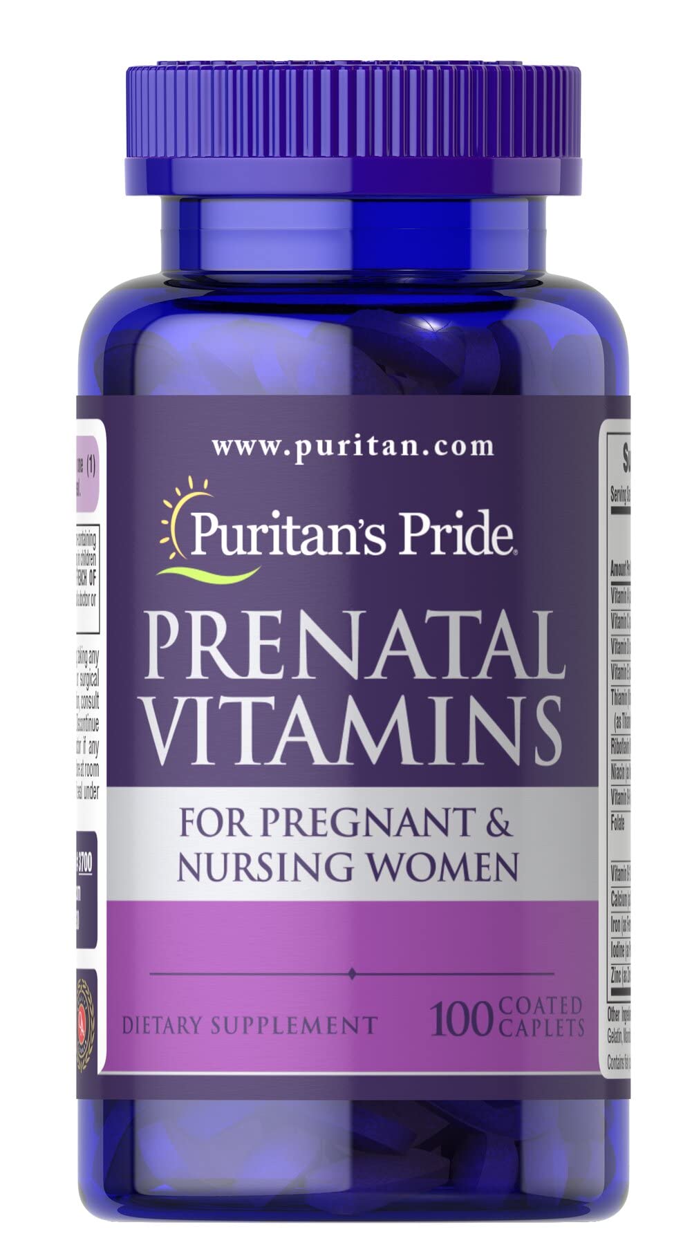Puritan's Pride Prenatal Vitamins bottle front for pregnancy support.