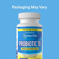 Puritan's Pride Probiotic 10 bottle back highlighting probiotic strains and supplement details for immune support