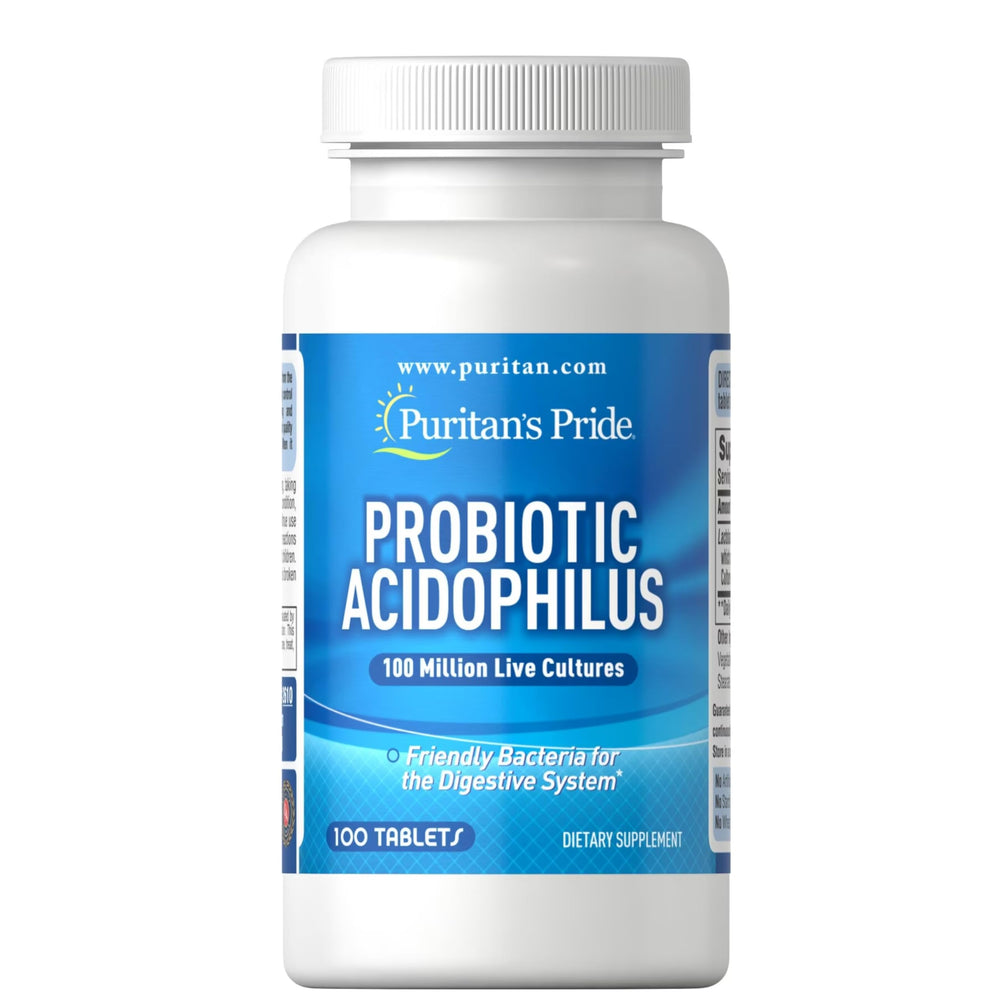 Puritan's Pride probiotic tablets in a white bottle supporting digestive balance.